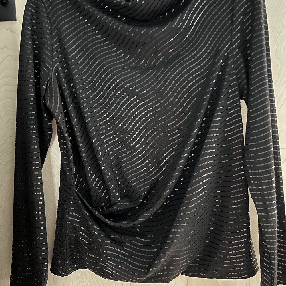 Clara Sun Woo Shimmer Embellished - High Boat Neck Side Draped Top - Black
